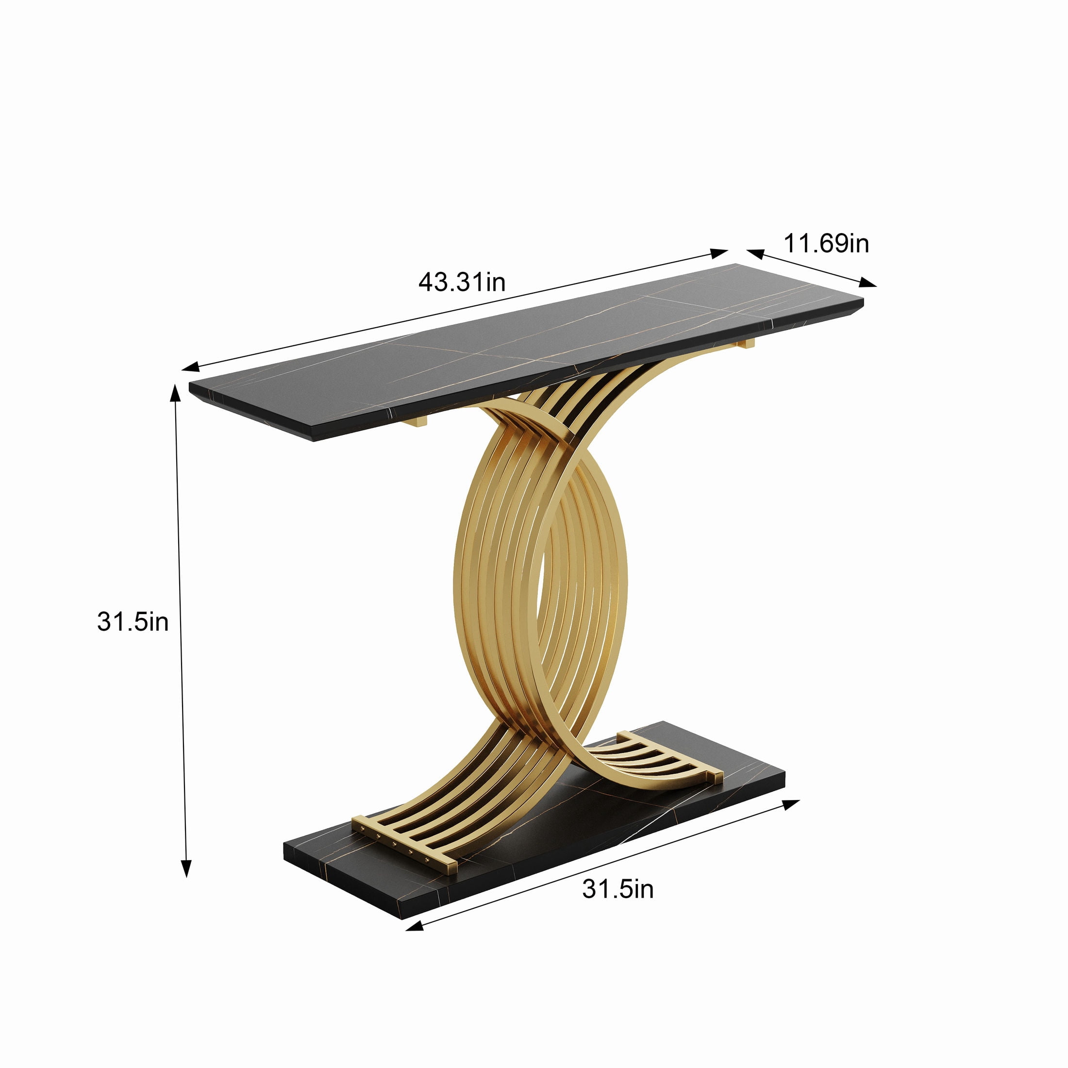 Noble House Rowen 43.3" Narrow Entryway Console Table with Intertwined Gold Metal Base, Black & Gold