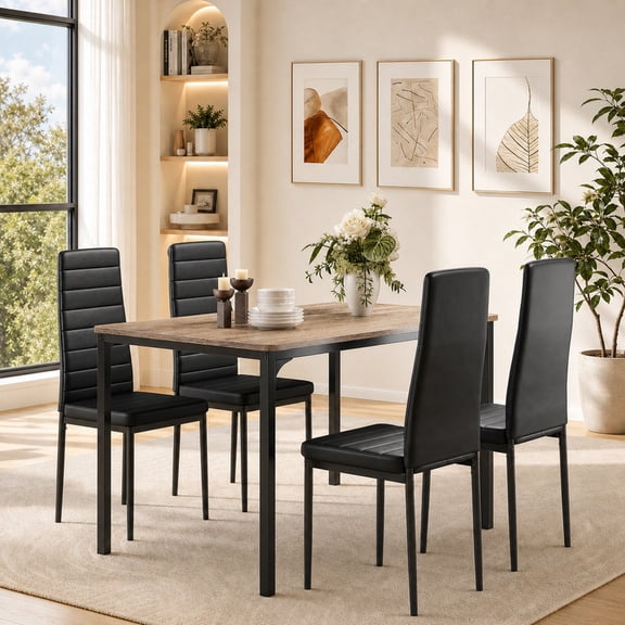 5-Piece Dining Table Set for 4, 47.2" Modern Kitchen Table and Chairs with Faux Leather High Back Chairs, Space Saving Design, Sturdy Metal Frame, Easy Assembly, Gray