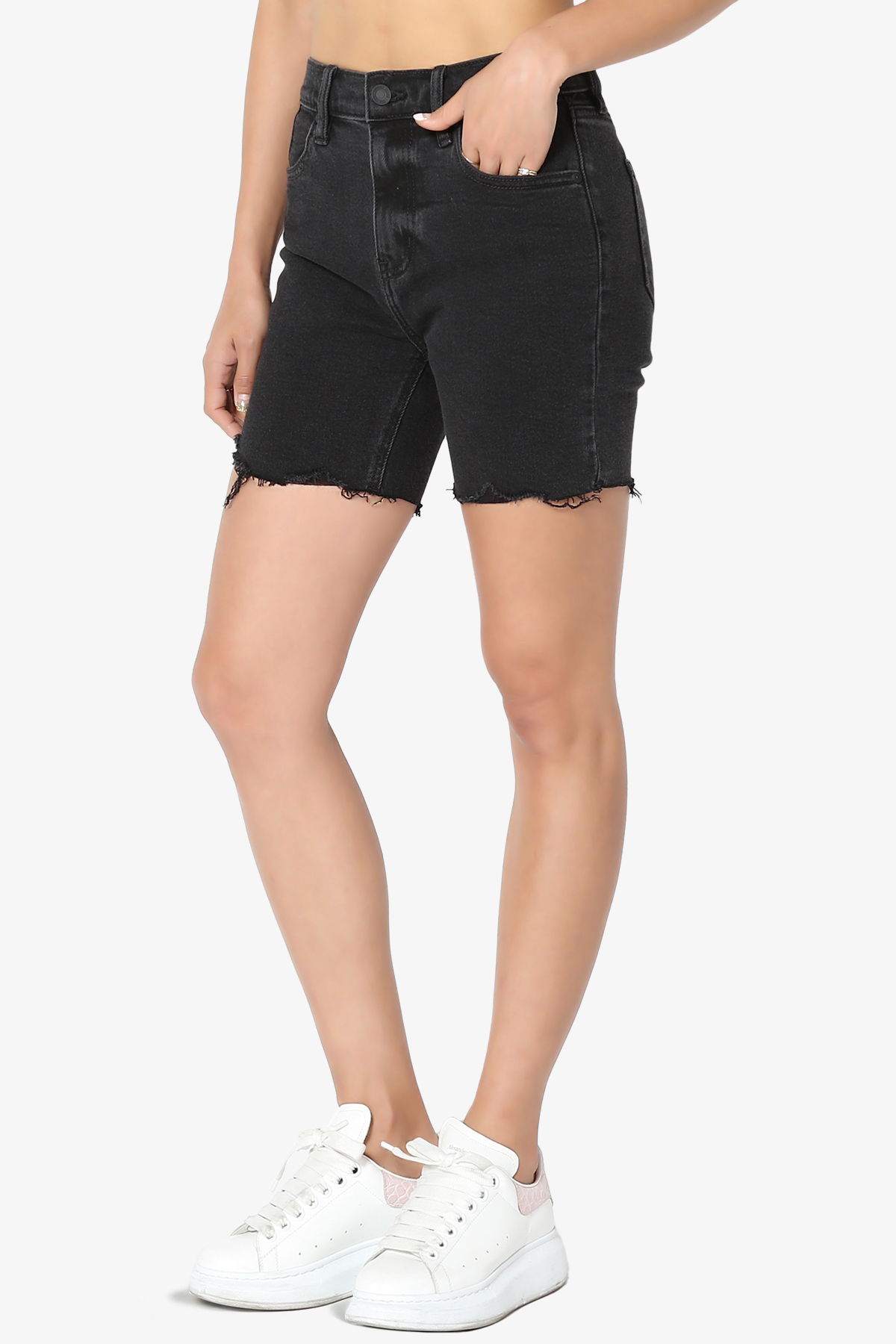 TheMogan Women's High Rise Mid Thigh Stretch Denim Skinny Jean Shorts Washed Black - image 4 of 7