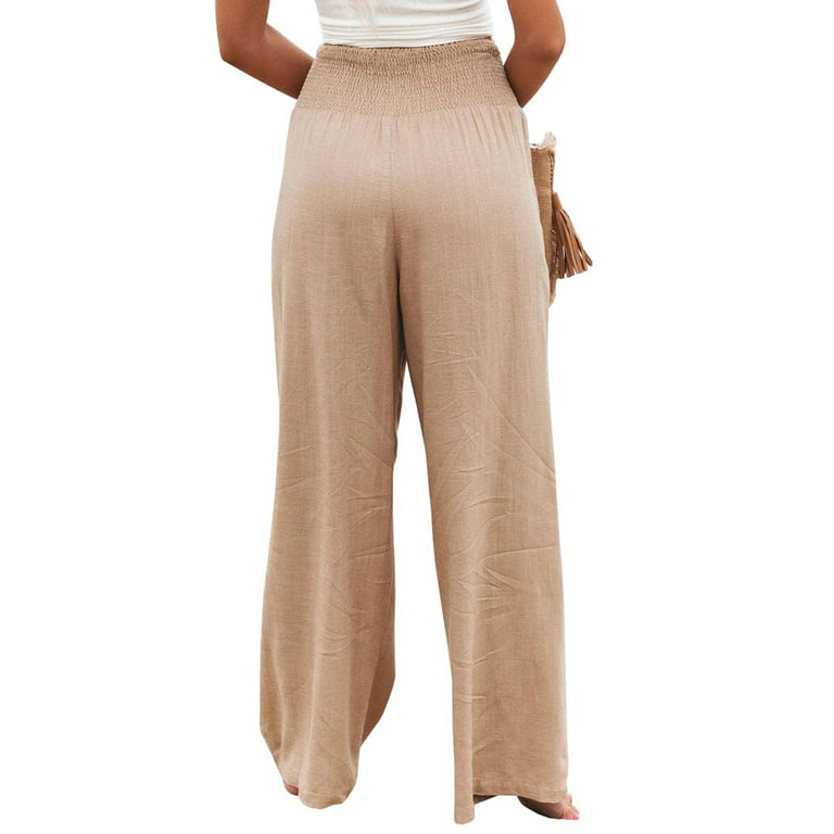 CenturyX Summer Women Loose Long Trousers Ladies High Waist Ruched Beach  Wide Leg Cotton Linen Pants Khaki XL