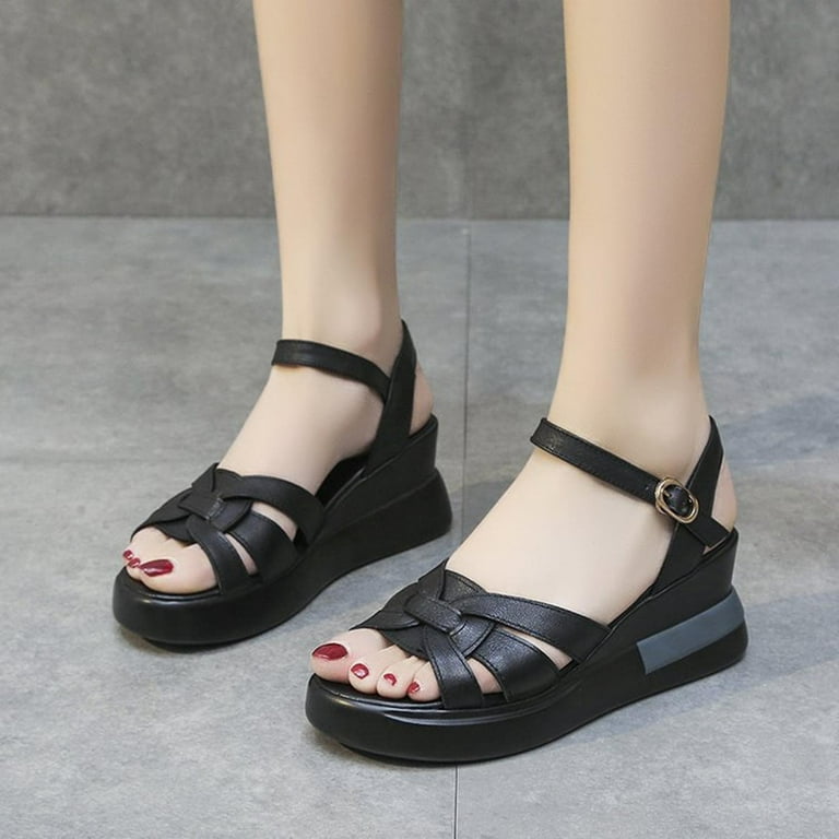 Homedles Sandals for Women Dressy Summer- Summer Ladies Shoes Casual Sandals Flat Buckle Wedge Heels Sandals Black, Women's, Size: 41