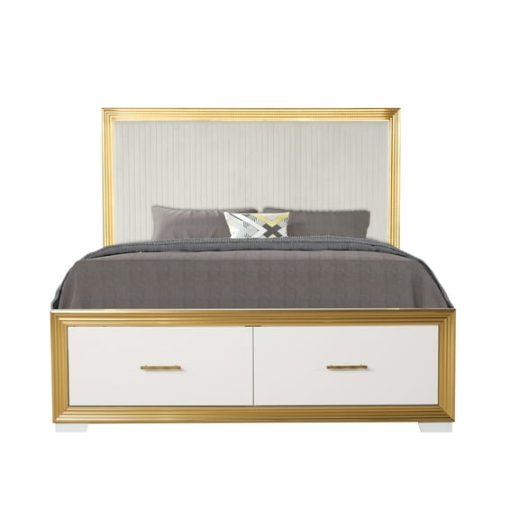 White And Gold Queen Bed With Headboard Convenient Storage In Bedroom Modern Deep Drawer Style