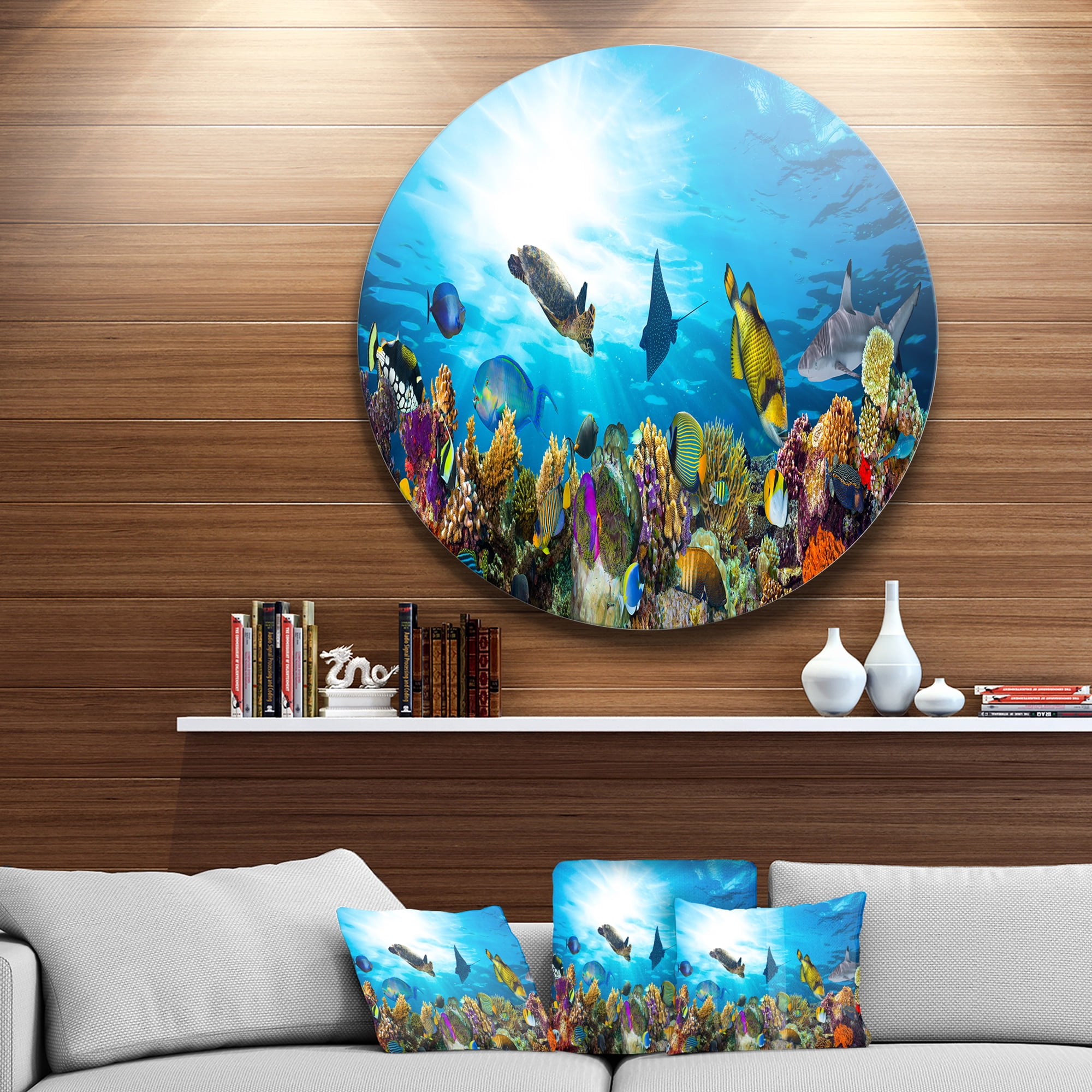 Designart 'Coral Reef Fishes With Turquoise Ocean Spiral' Nautical &  Coastal Circle Metal Wall Art 36x36 - Disc of 36 