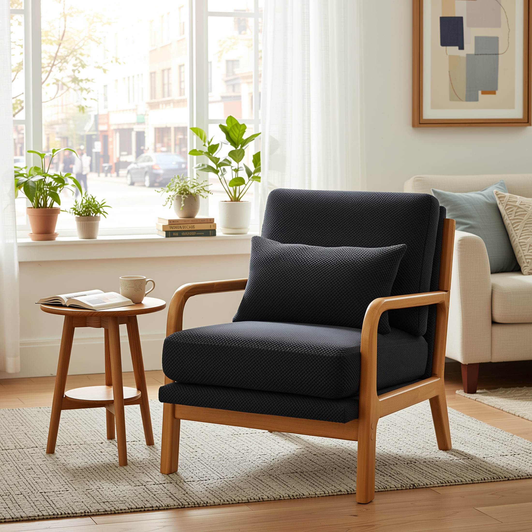Homy Casa Modern Accent Armchair, Textured Fabric Lounge Chair with Wood Frame and Pillow, Black
