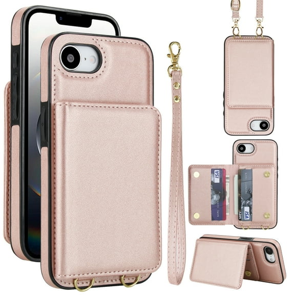 For iPhone 16e Phone Case Wallet Card Holder,RFID Blocking PU Leather Back Magnetic Flip Kickstand Folio Case Wrist Lanyard & Crossbody Strap Protective Women Girls Cover,Rosegold