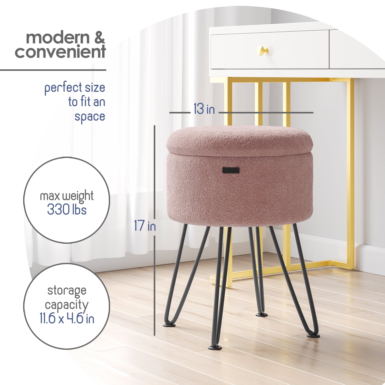 LammaLoe Small Round Ottoman with Storage, Boucle Ottoman Foot Stool with Lid, Upholstered Vanity Stool for Living Room & Bedroom, Pink
