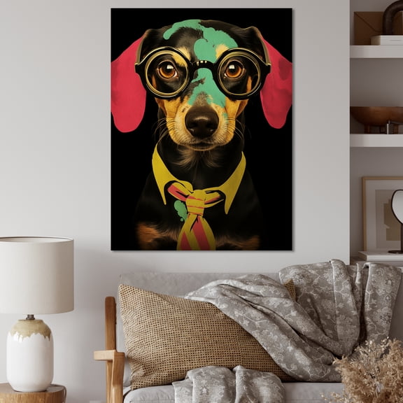 Designart "Pop Art Charm Curious Dachshund Dog III" Animals Canvas Wall Art - Traditional Pink Dog Daschund Bedroom Canvas Wall Art