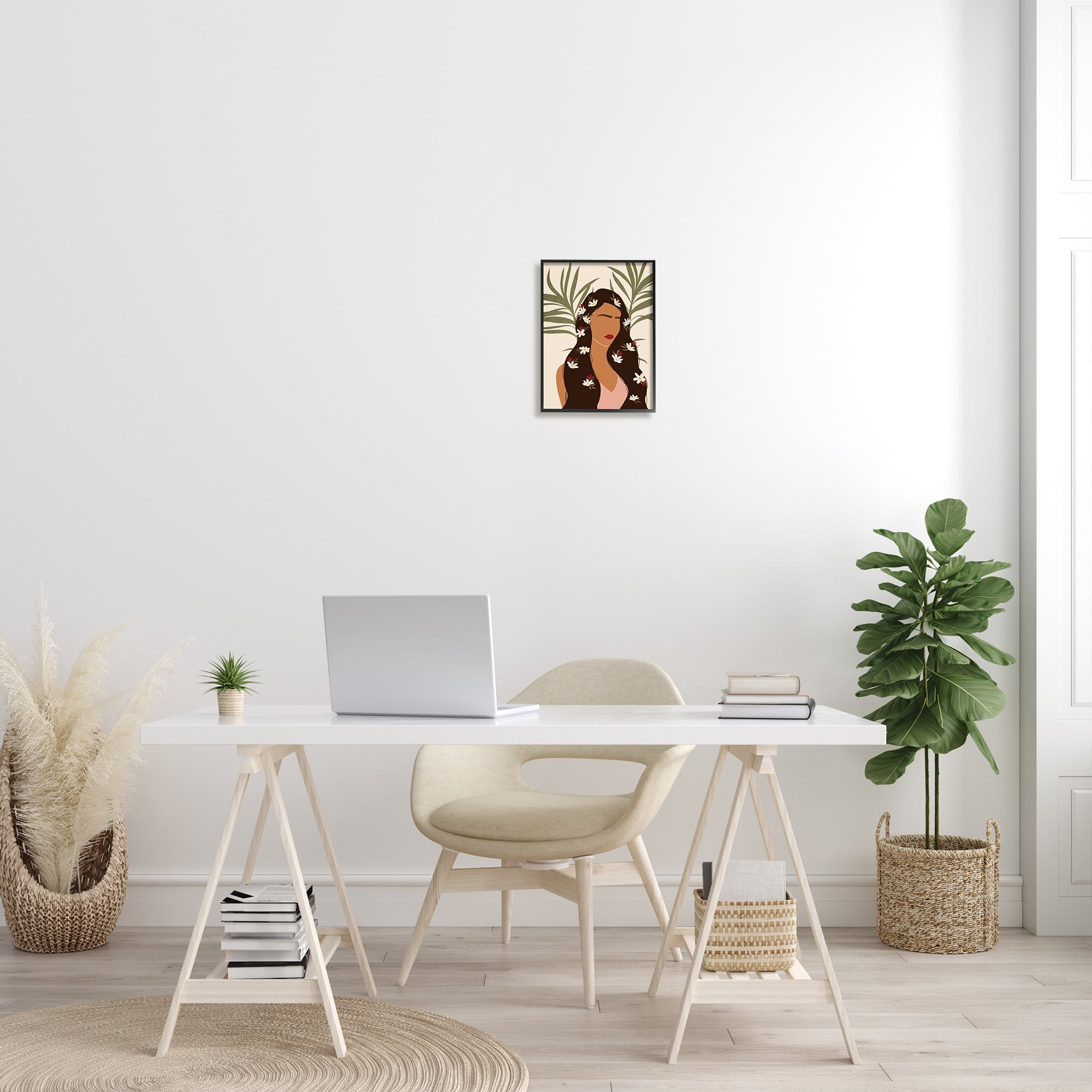 Stupell Industries Female With Tropical Florals in Hair Palm Leaves Modern Painting Black Framed Art Print Wall Art, 11 x 14, Design by JJ Design House LLC