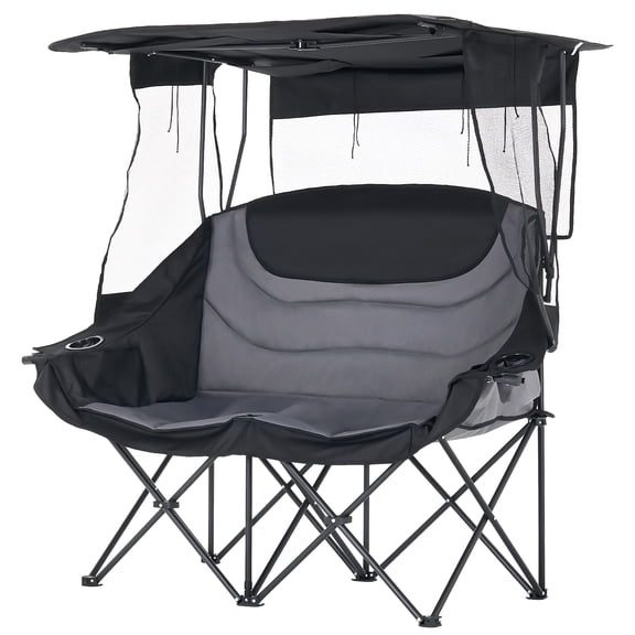 MOPHOTO Double Black Camping Chair with Canopy, Folding 2 Person Seat, Portable Outdoor Loveseat with Shade, Oversize Camp Chair for Beach, Lawn, and Outdoor Activities Support 600bls