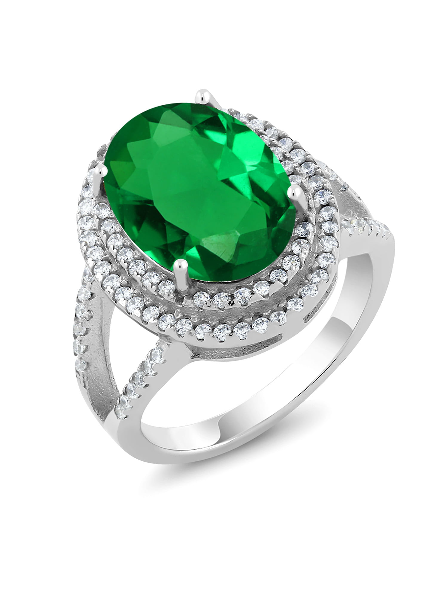 Gem Stone King 925 Sterling Silver Green Nano Emerald Women Ring (7.16  Cttw, Oval 14X10MM, Available 5,6,7,8,9)