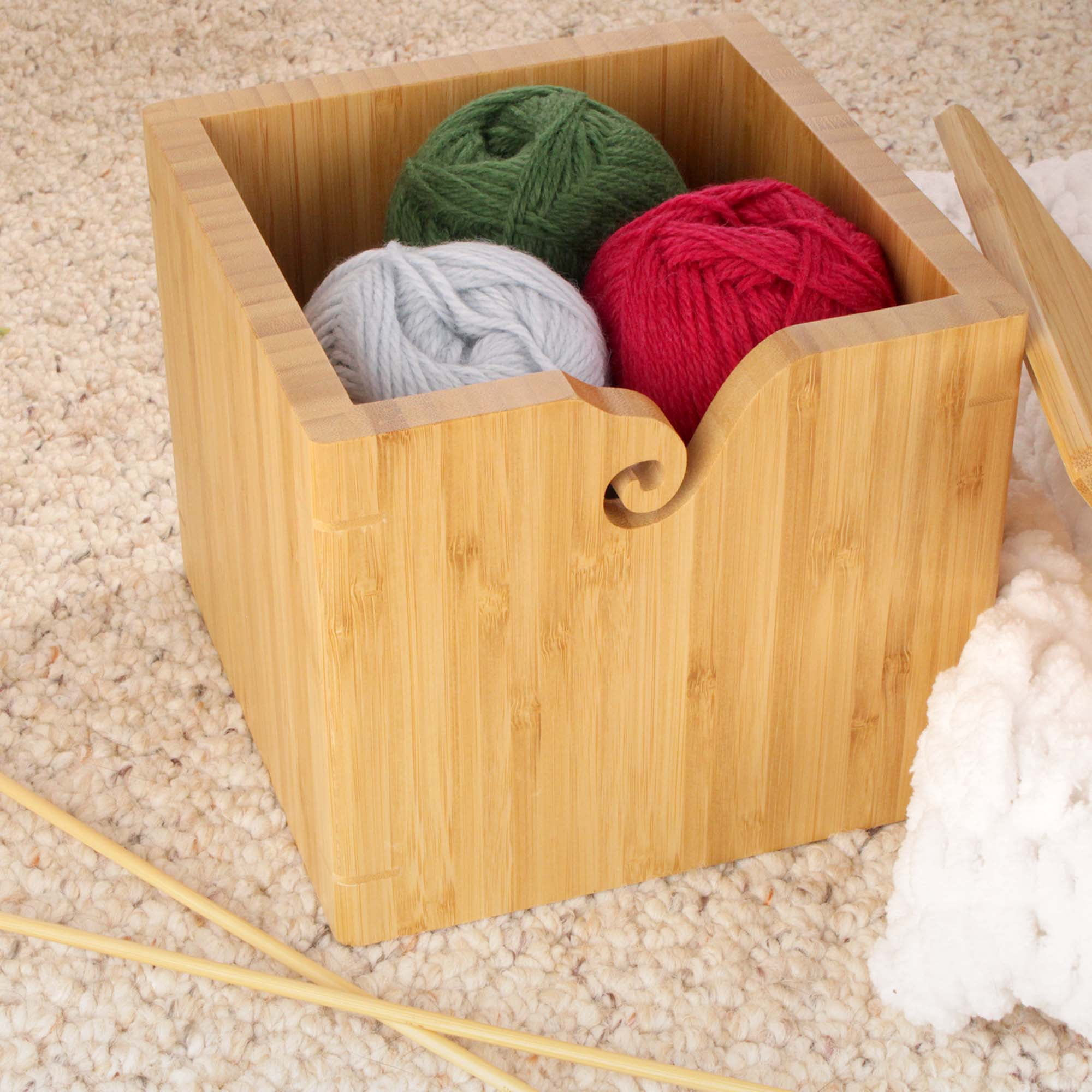 BambooMN Bamboo Yarn Bowl with Removable Lid for Knitting and Crochet - Large Carbonized Brown Box