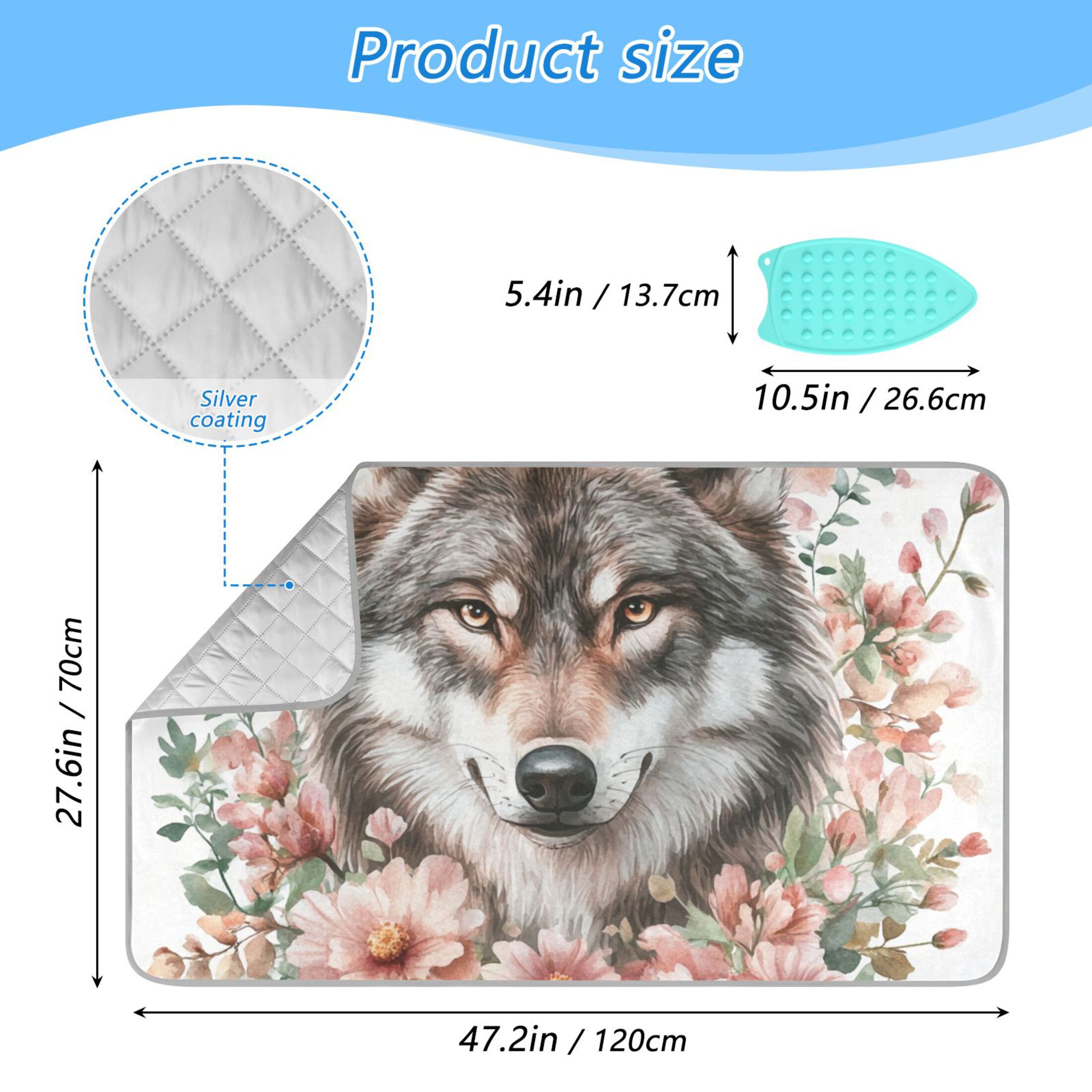 Wolf Face in Flowers Ironing Mat Blanket Portable Travel Ironing Pad Heat Resistant Pad 47.2" x 27.6”