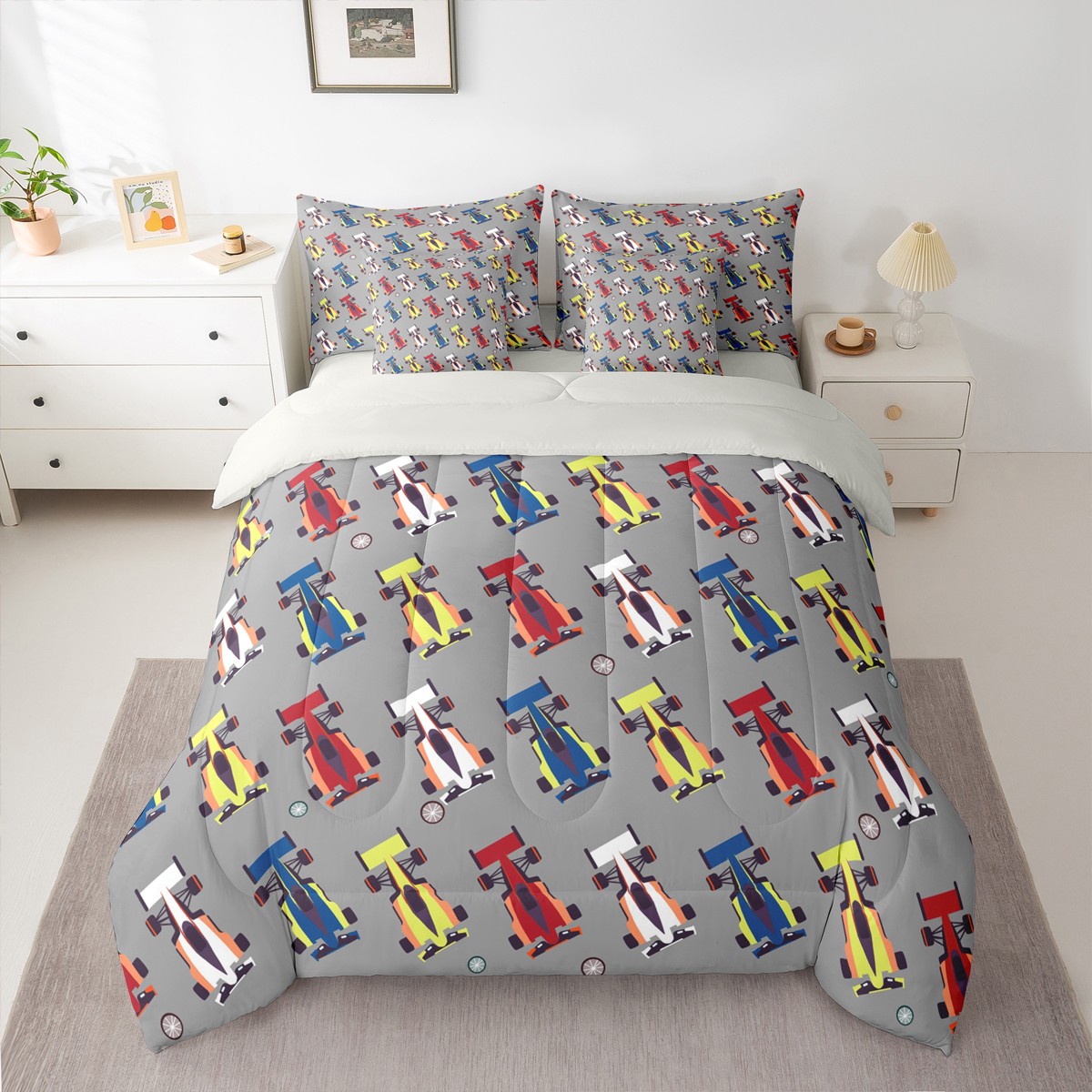 Homewish Colorful Race Car 7 Pieces Bedding Comforter Set,Extreme Sport Full Bedding Set,Colorful Racing Car Fitted Sheet Flat Sheet,Microfiber Bedroom Decor Reversible
