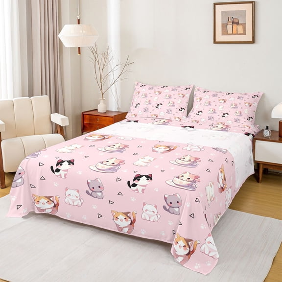 Homewish Pet Cat Kitten Twin Sheet Sets,Cute Cartoon Animal Twin Fitted Sheet,Pink White Gray Flat Sheet For Girls Kids,Microfiber Bedroom Decor,3pcs