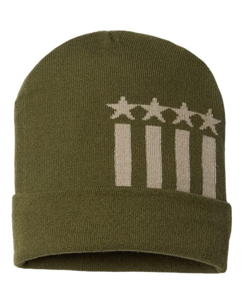 Cap America RK12 USA-Made Patriotic Cuffed Beanie - Olive/ Khaki Stars One Size