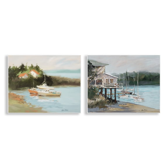 Stupell Industries Boat Lakeshore Landscape Landscape & Nature Painting Unframed Art Print Wall Art, 14 x 11, Set of 2