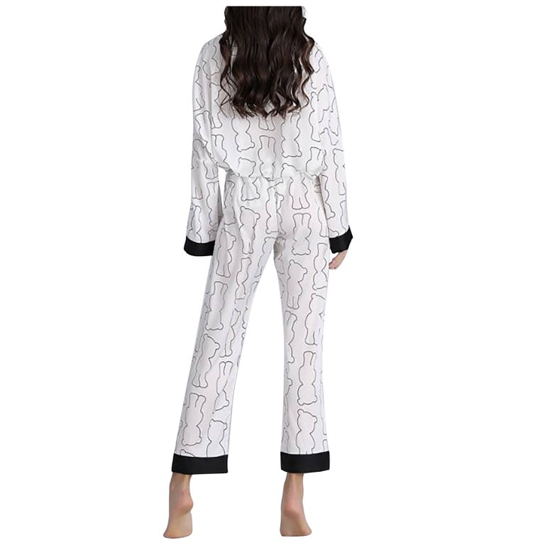 Women's Pajamas Sets Satin Sleepwear V Neck Button Shirt Loose Pants Comfy  Print Homewear Lounge Sets (M, White)