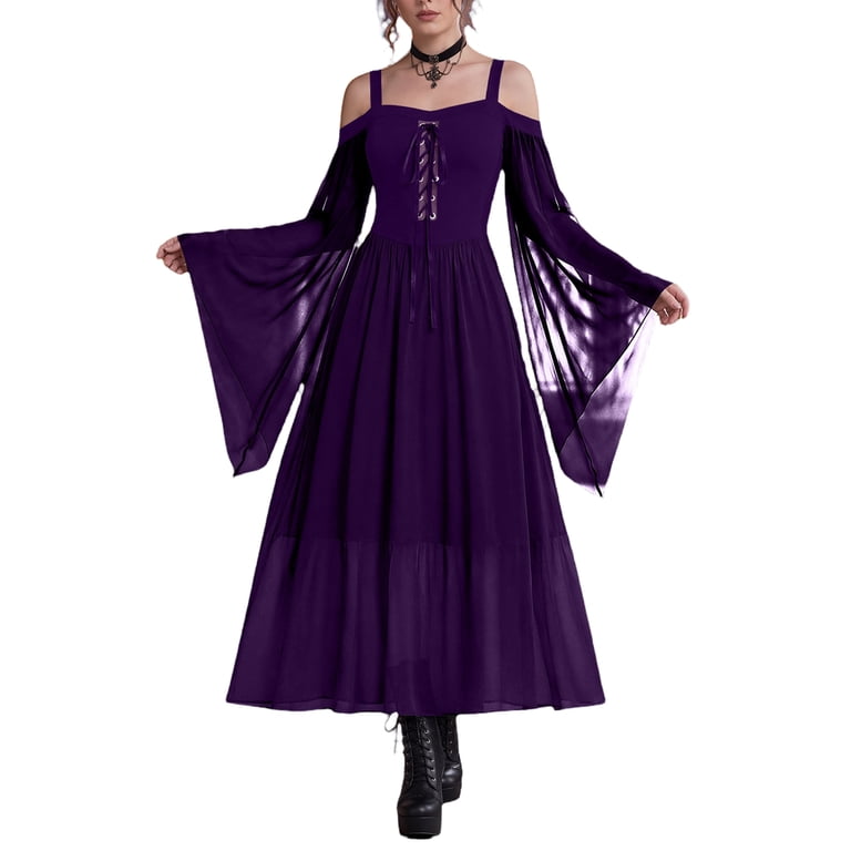 Halloween Women's Gothic Off-Shoulder Maxi Dress, Lace-Up Corset Bodice with Sheer Bell Sleeves for Cosplay (1 PC Dress) Purple XL