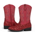 thumbnail image 5 of Dazzher Girls Red Glitter Cowgirl Boots Western Round Toe Mid Calf Side Zipper Boots for Toddler Little Big Kid, 5 of 5