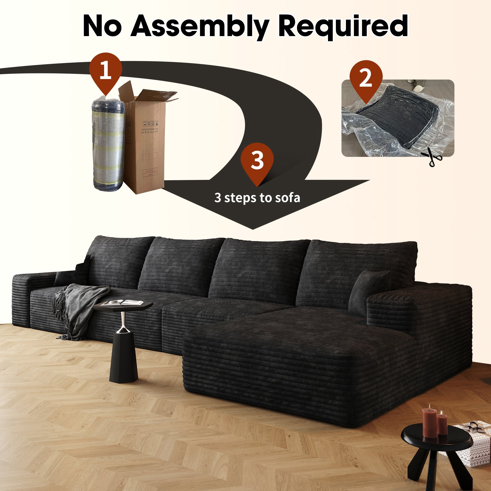 Sailvan 135" Cloud Sectional Couch, Cloudy Sofa with L-Shape Chaise, Upholstered Couches for Living Room & Bedroom, No Assembly Required, Plush Corduroy Fabric, Black