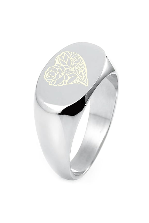 Sterling Silver Love Heart Floral Rose Engraved Oval Flat Top Polished Ring