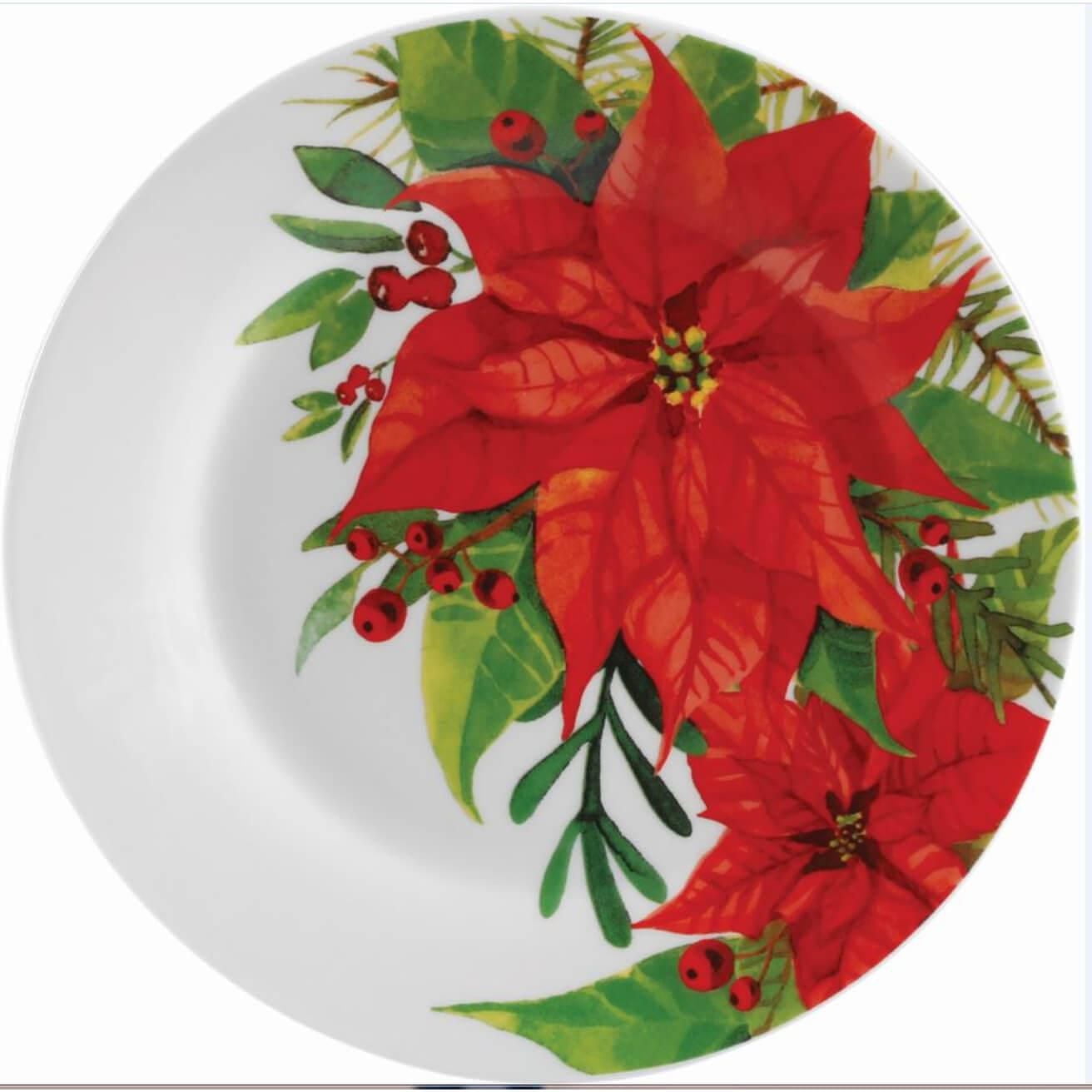 Gibson Home Magic Poinsettia 16 Piece Dinnerware Set, Fine Ceramic
