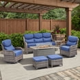 thumbnail image 3 of POCASSY Patio Furniture Set with 6-inch Extra Thick Cushion, 7 Pieces Outdoor Patio Furniture Set with Firepit Table, Swivel Chairs, and Sofa Couch, Outdoor Conversation Set for Porch Balcony, 3 of 12