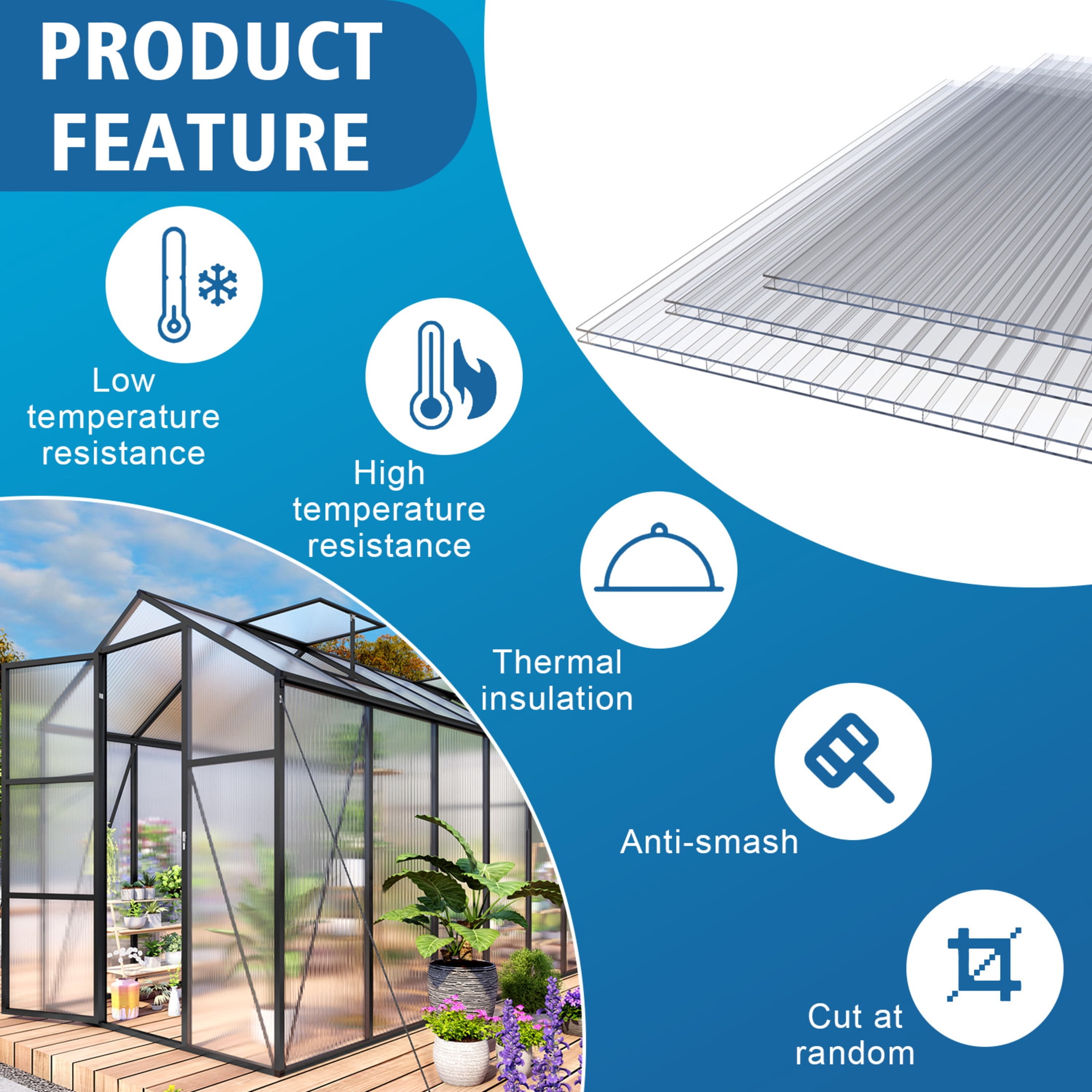 Noble House 6 Pack Twin-Wall Polycarbonate Greenhouse Panels, 5' x 2' UV-Protected Sheets, Transparent