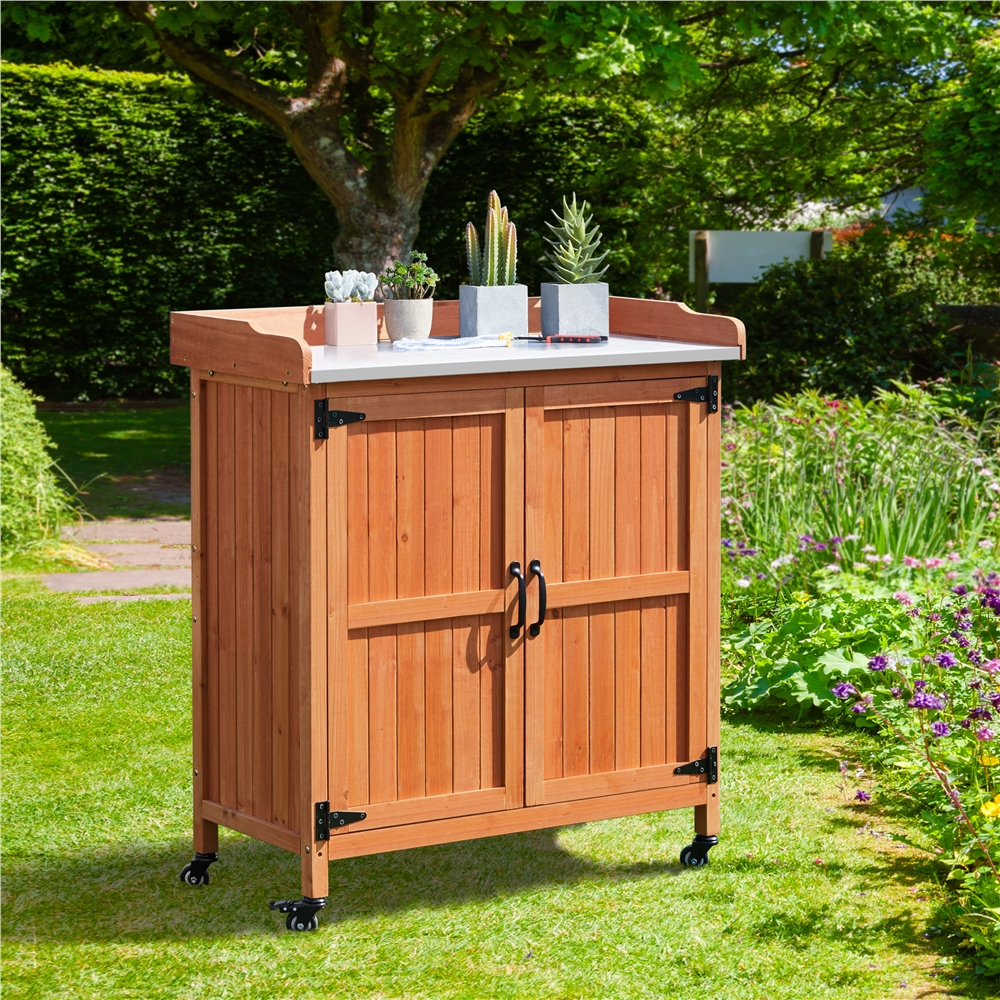 Renwick Garden Potting Bench Table with Cabinet, Brown