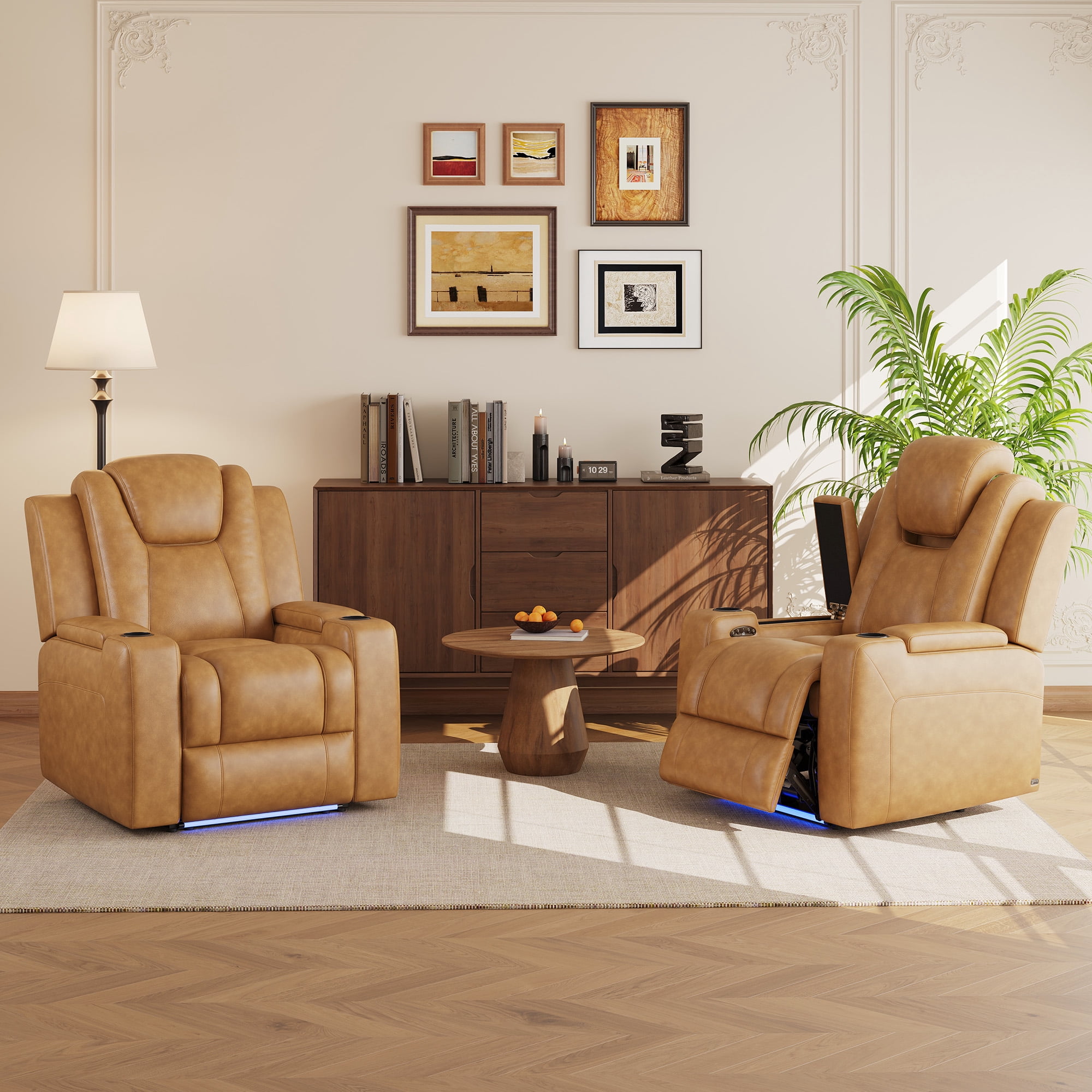 COLAMY Sereno Dual Motors Wall Hugger Power Recliner Chair with Power Headrest for Living Room, Home Theater Seating with Hidden Storage, Light Brown