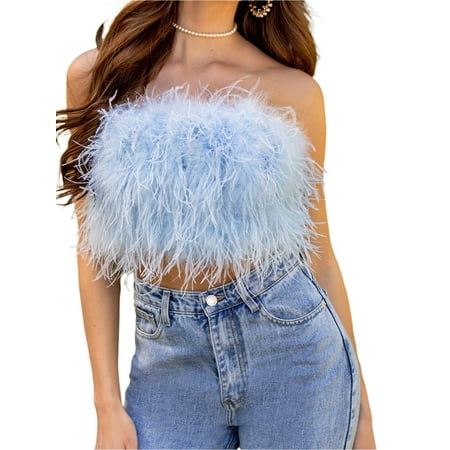 

Ma&Baby Women Feather Corset Tops Off Shoulder Tube Cami Vest Push Up Faux Fur Trim Bustier Top