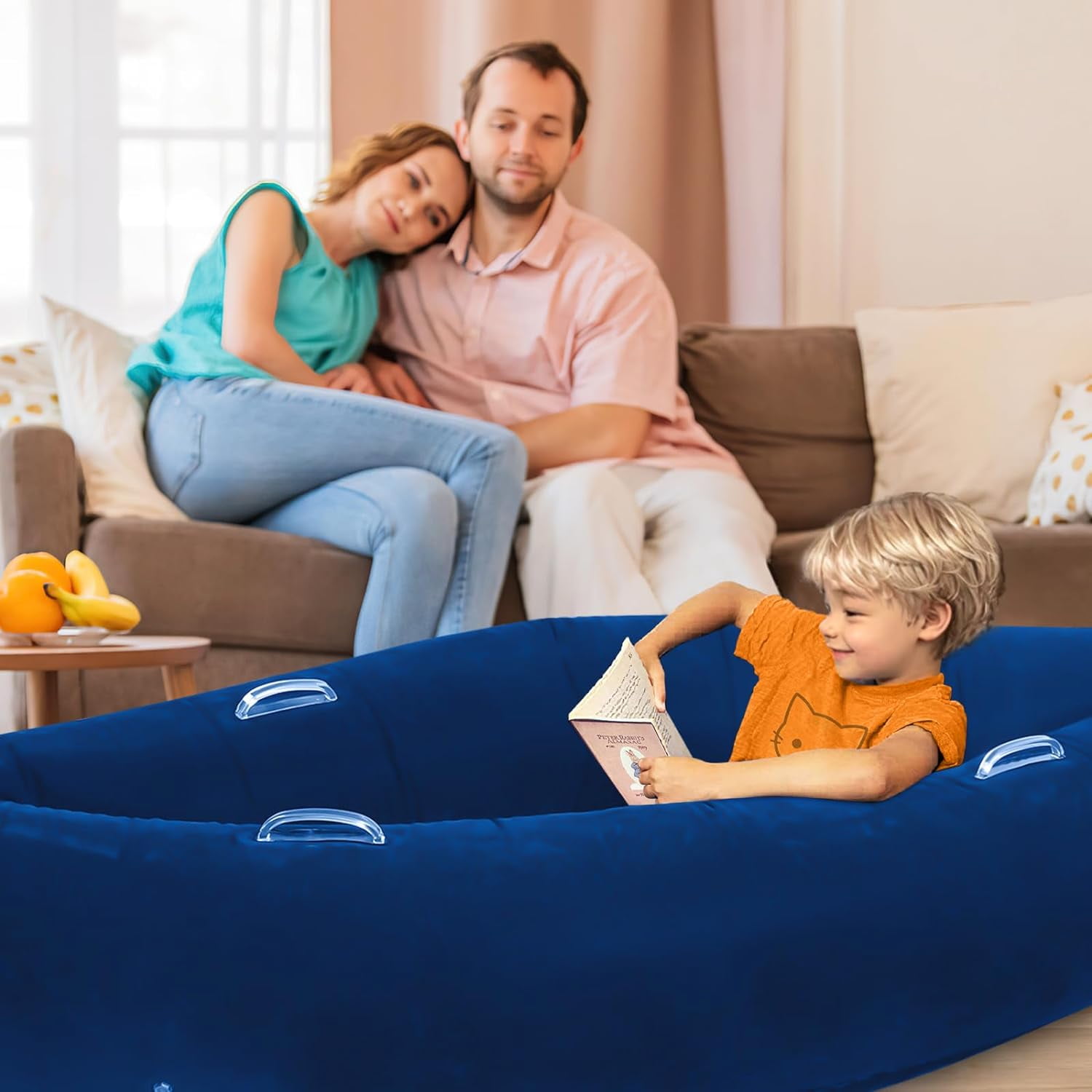 Sensory Inflatable Bean Bag Chair – 60" Kids Blow-Up Couch With 3 Spiky Balls, Includes Electric Pump, For Indoor & Outdoor (Blue)