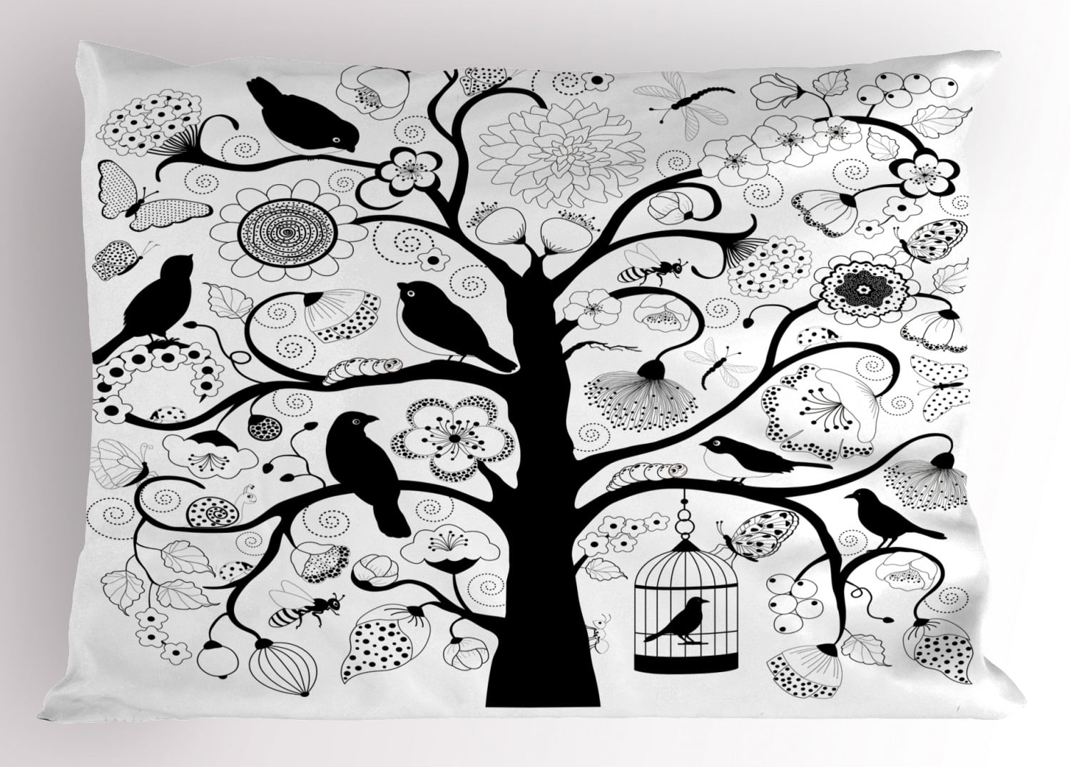 Black And White Pillow Sham Tree With Swirling Branches Artistic