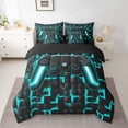 thumbnail image 2 of Manfei Gamer Gaming Bedding Comforter Set 7pcs,Vindoe Game Full Bedding Set,Cyan Geometric Geometry Fitted Sheet Flat Sheet For Kid Boy,Lightweight Room Decorative Reversible, 2 of 7