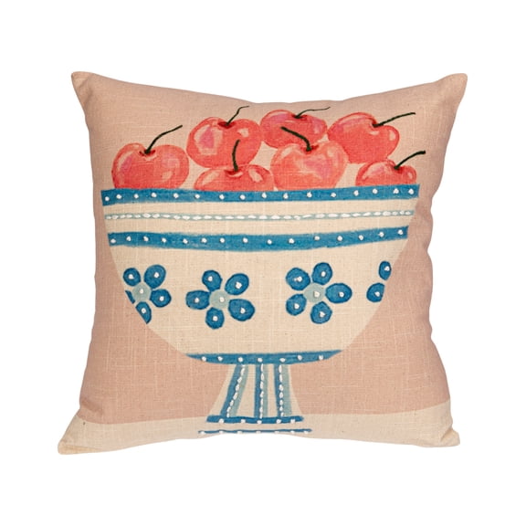 Creative Co-Op Cotton Printed Slub Pillow with Fruit Bowl, Embroidery and French Knots, Multi Color