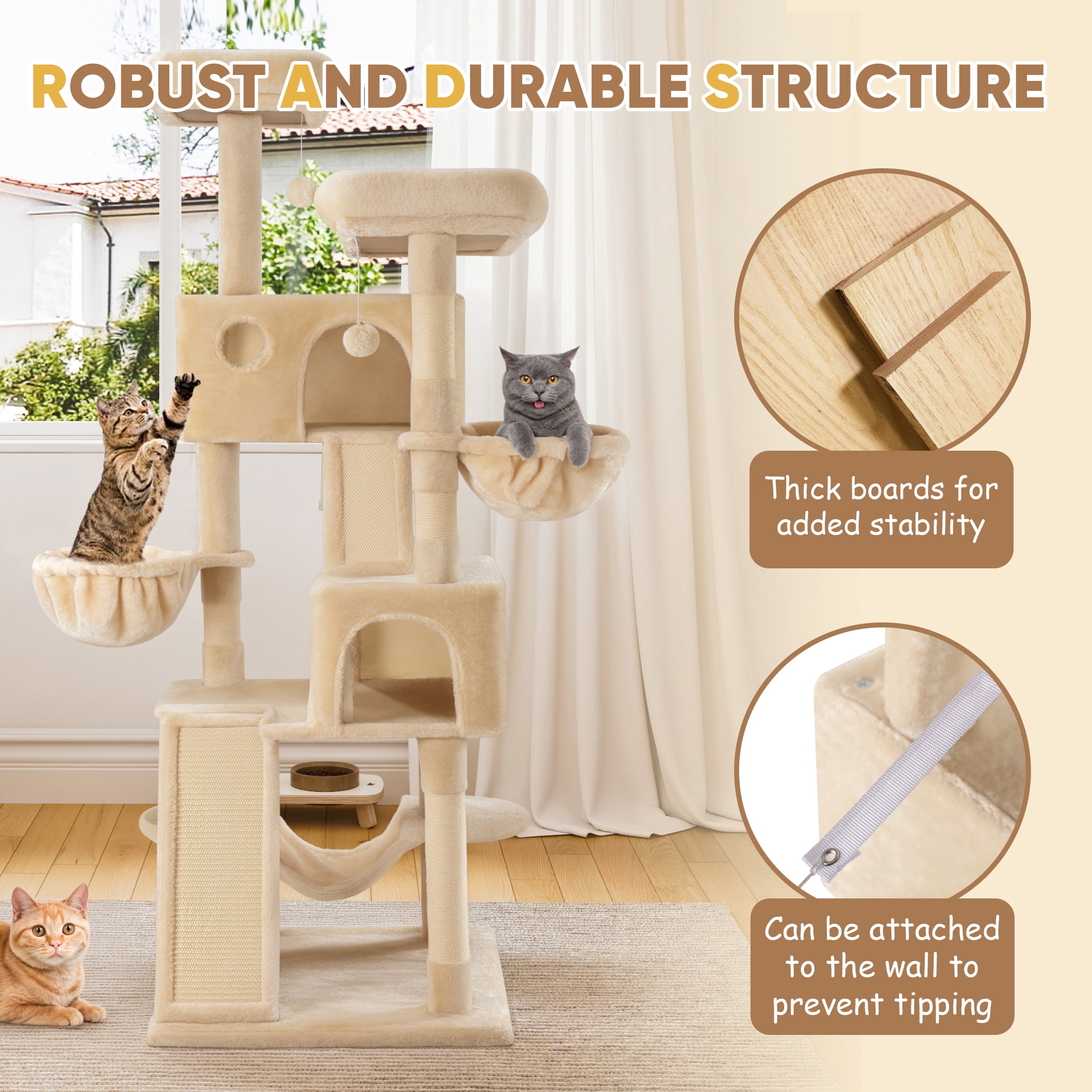 Einfach 65.7" Large Cat Tree and Tower for Cats, Condo House with Hammock, 2 Scratching Boards & 5 Scratching Posts, Beige
