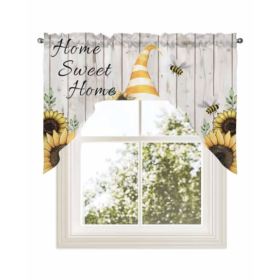 Spring Sunflowers Kitchen Curtains Swag Valance for Windows/Bathroom/Cafe, Yellow Dwarf Bee Wood Vintage Rod Pocket Drape Panel Swag Curtains Valance for Bedroom/Living Room 56"x36"