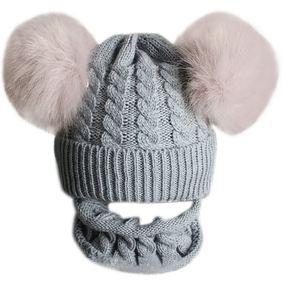 Viworld Kids Knitted Cap Warm Cozy Cute Double Pom Ball Beanie Hat with Infinity Scarf