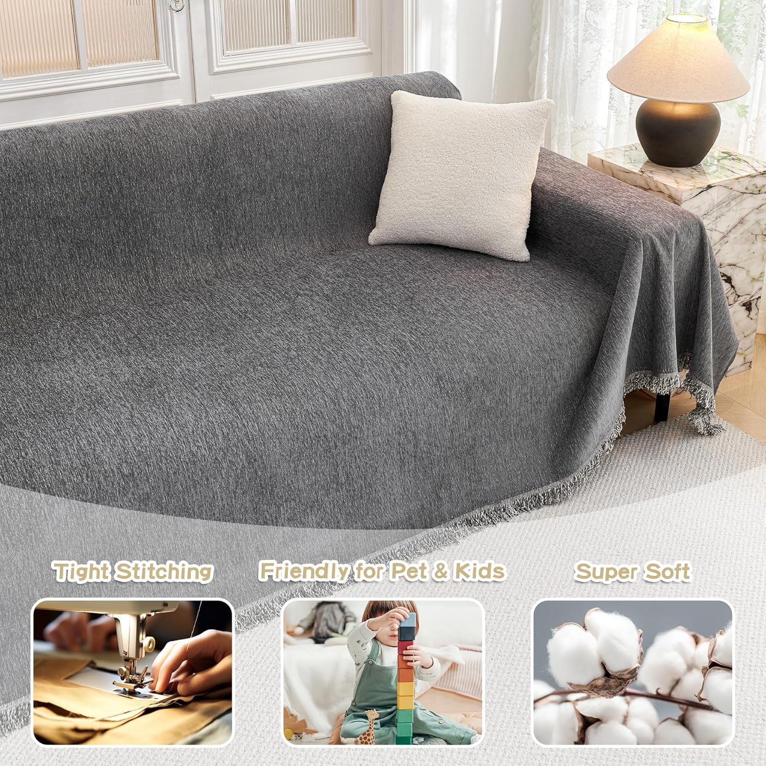 Sectional Cover Couch, Sofa Cover - Non Slip Soft Couch Cover for Dogs, Washable Furniture Protector, 91"x134", Dark Grey