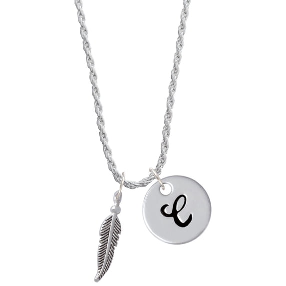 Delight Jewelry Silvertone 3-D Feather Silvertone Script Initial Disc - C - Charm Necklace, 20"+3"