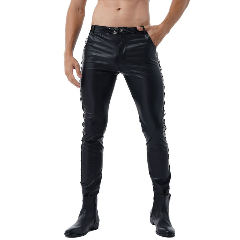 Men's Slim Fit Faux Leather Pants Casual Tight-Fitting Trousers Biker Pants
