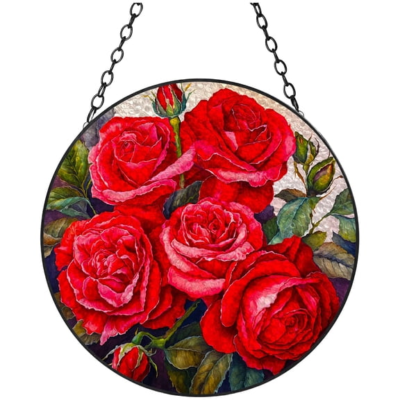 Red Roses Stained Glass Suncatcher Colored Handmade Window Hangings Glass Suncatcher Crafts Kits for Indoor Garden Christmas Decoration 16x16cm(1)