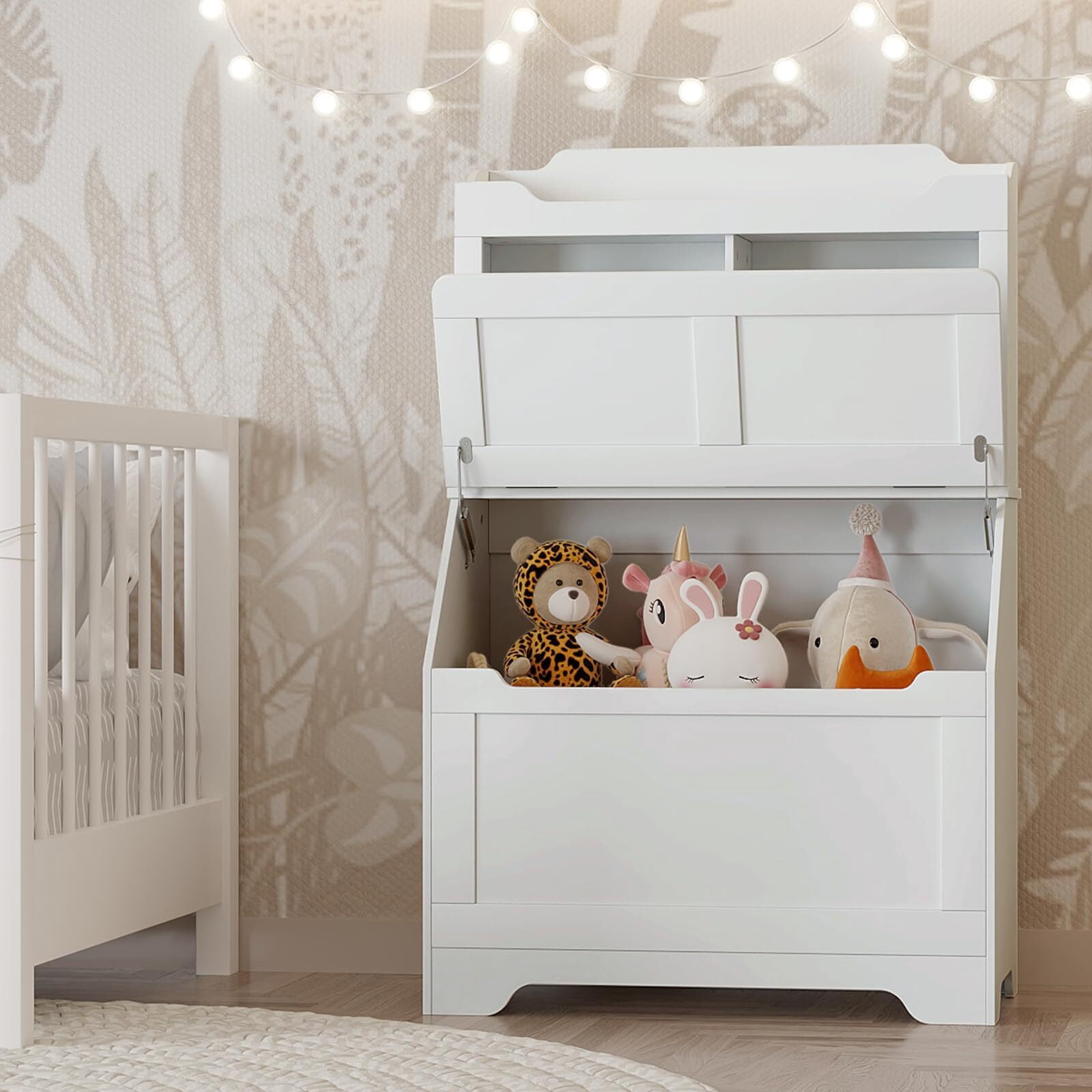 Kids Bookshelf and Toy Storage with Flip Top Lid, Wooden Toddler Bookcase Cabinet with Cubbies, Toy Storage Organizer with Bookshelf for Playroom Bedroom Nursery Classroom, White