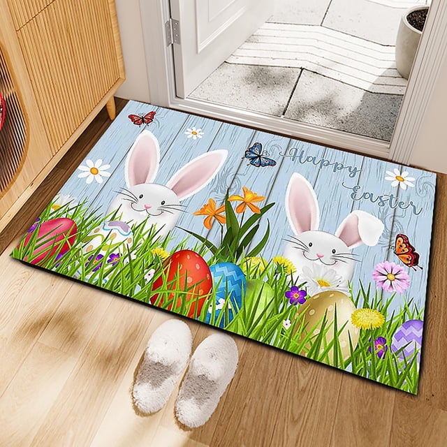Weloille Easter Area Rug 1Pc, Cartoon Rabbit Egg Pattern Non-Slip Carpet, Soft Washable Absorbent Decorative Mat for Living Room Bedroom Entryway Easter Home Decor
