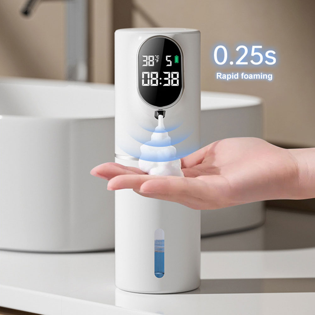 CARRFA Automatic LED 320ml Liquid Foam Soap Dispenser 5 Adjustable Levels Hand Sanitizer Machine Time Temperature Display Can Wall Mount for Bathroom Kitchen (White)