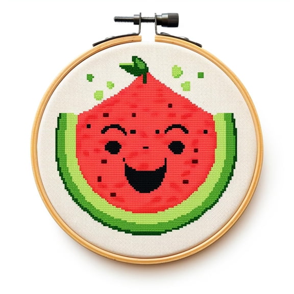 Cartoon Simple Watermelon 11CT Stamped Cross Stitch Kits Easy for Beginners Child with Hoop DIY Needlepoint Counted Embroidery Kits Art Craft Wall Decor 12x12IN(2)