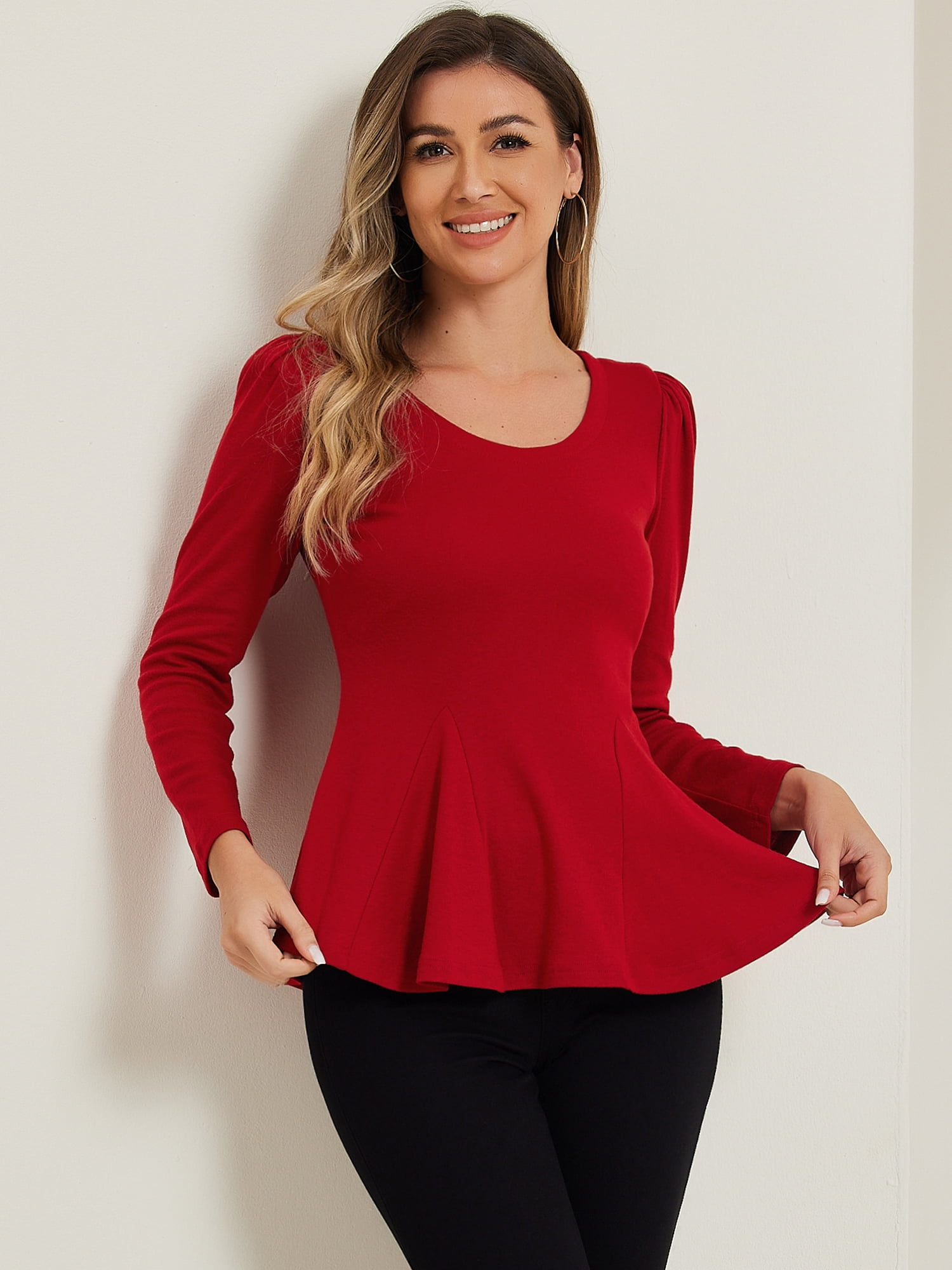 DARING DIVA Long Sleeve Scoop Neck Peplum Top M Red