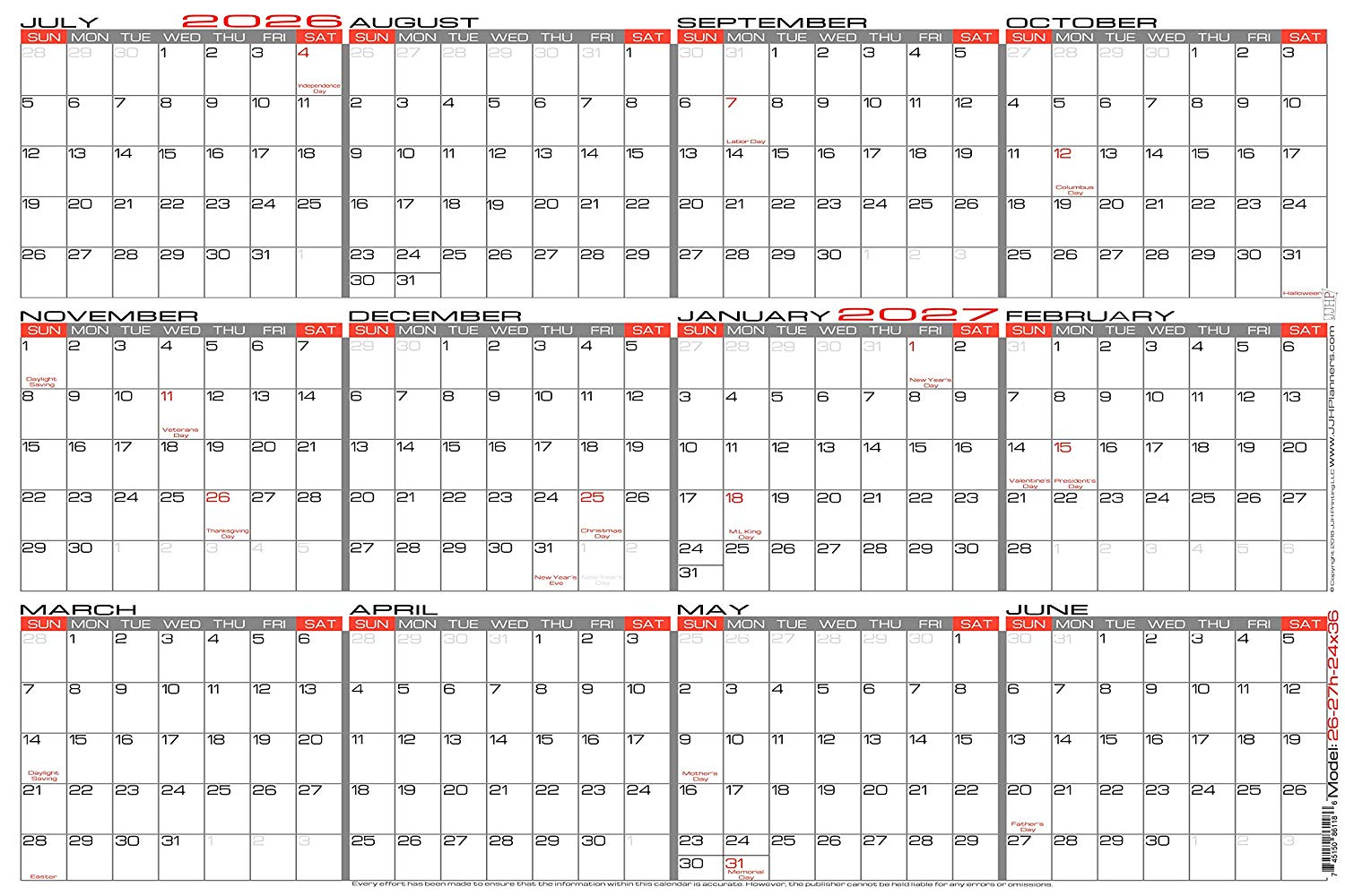 JJH Planners - Laminated - 24" X 36" Large Academic 2026-2027 Erasable Wall Calendar 