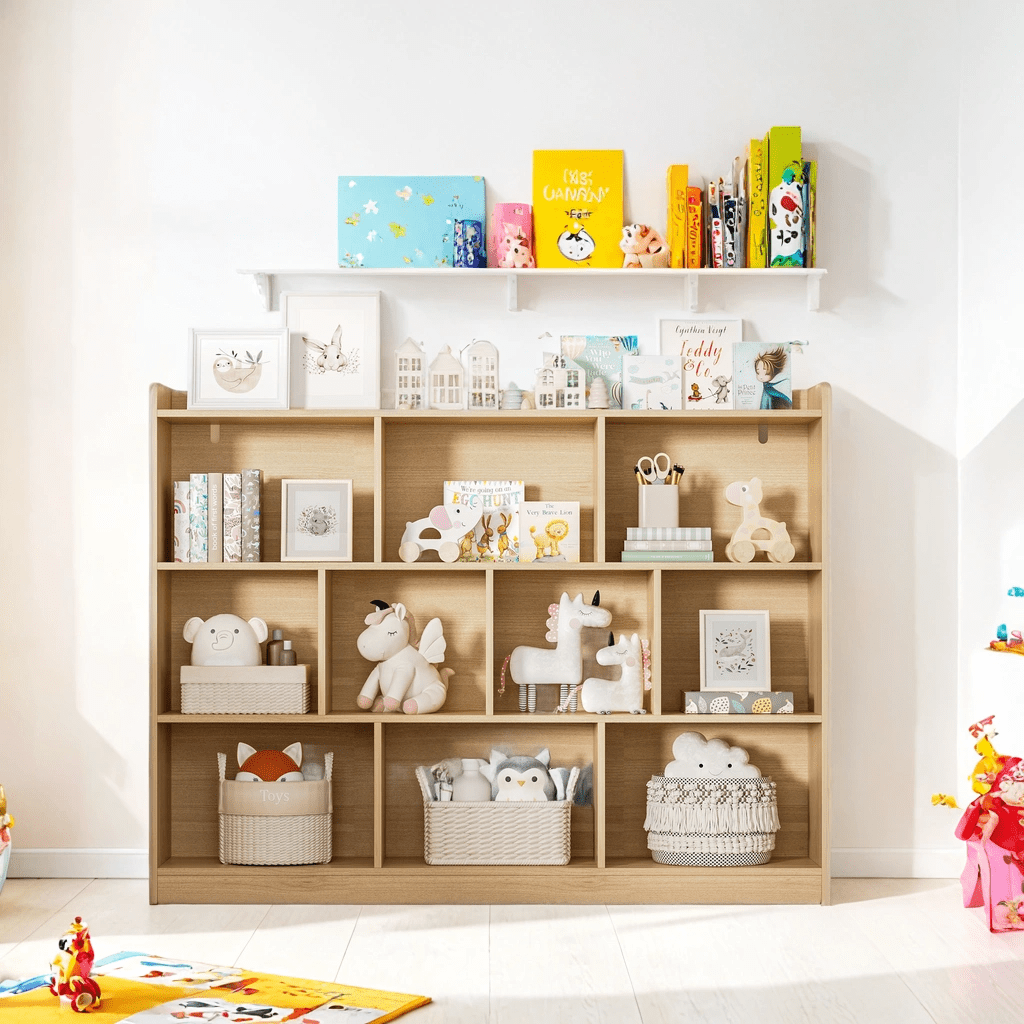 DIYART Oak Wood Bookcase with 3 Tier Open Shelves, 10-Cube Storage Shelf, 43.3" W x 35.4" H