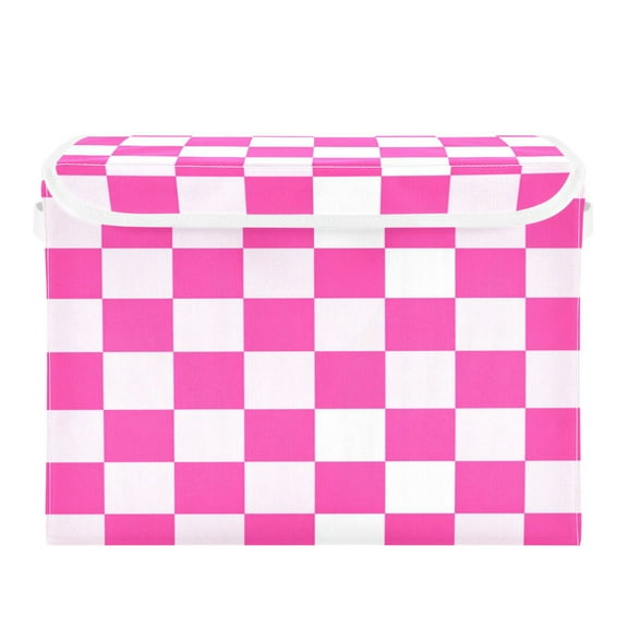 Large Collapsible Storage Box Flip Lid Fabric Decorative Organizer Container Basket with Handles 16.5×12.6×11.8in Hot Pink Checkered Pattern